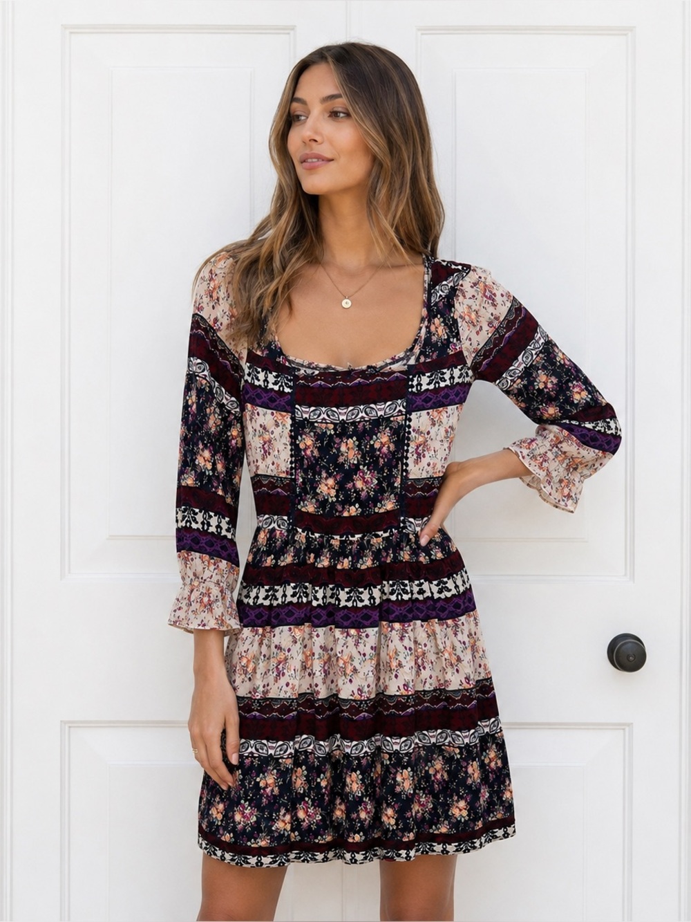 Band of Gypsies Floral Patchwork Mini Dress Medium Multicolor Boho